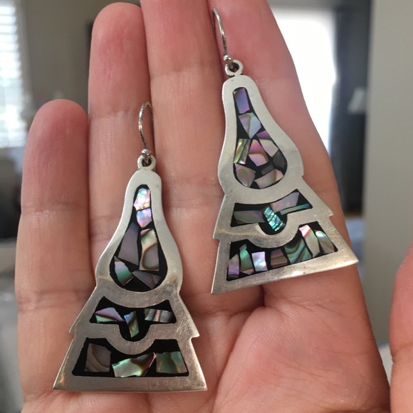 Vintage Jewelry - Solid sterling silver inlay abalone shell drop earrings